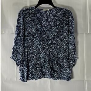 JIMMY KEY Women's Blue Floral V-Neck Surplice Ruffle 3/4 Sleeve Top SZ L